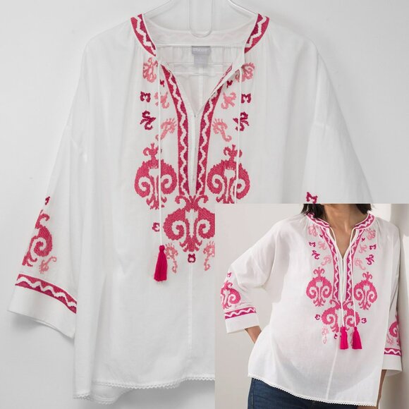 Chico's Tops - Chico's Embroidered Tie Neck Peasant Top 100% Cotton Haute Pink White Sz 2 12/14